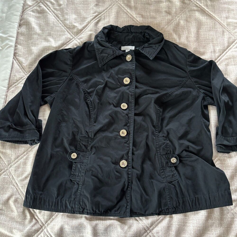 Charter Club: Woman Black Button Utility Jacket Size 0X 3/4 Sleeve Cotton Blend